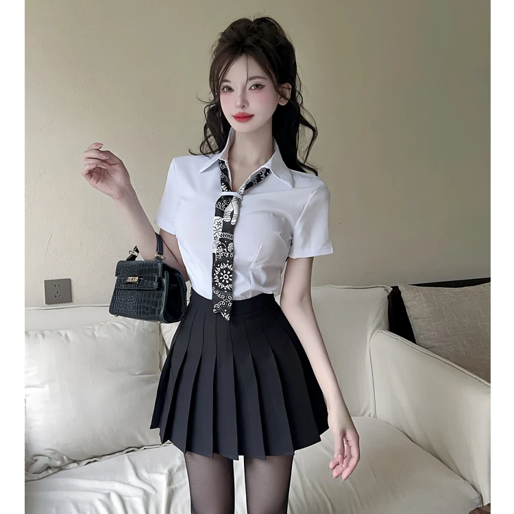 纯欲学院风制服套装女夏季jk气质丝巾衬衫百褶裙两件套职业工作服