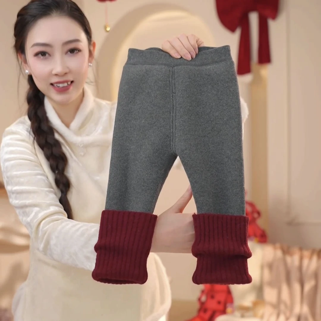 儿童装女童宝宝冬季新品针织红裤脚加绒加厚外穿800克打底裤24186