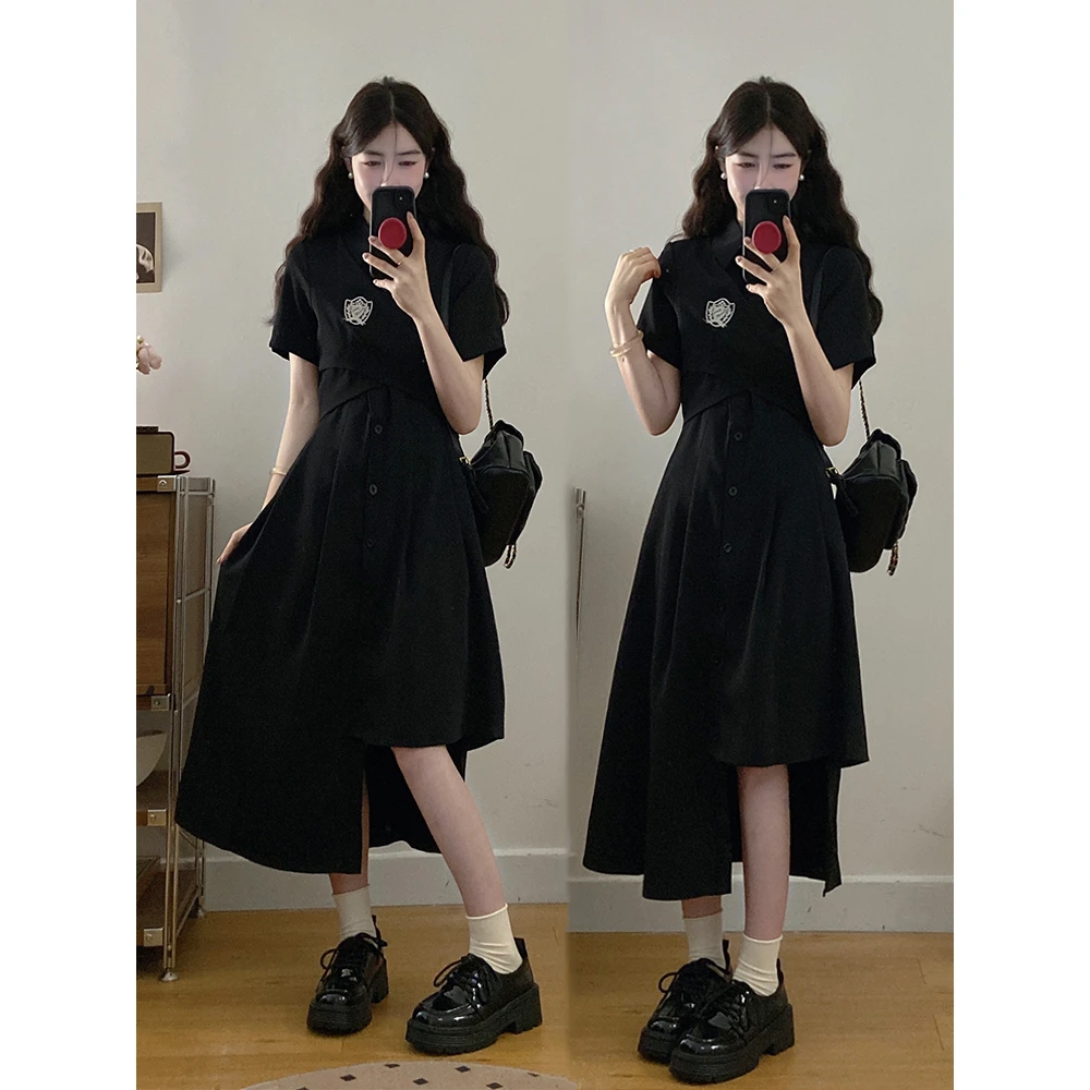 大码女装黑色学院风连衣裙胖mm修身显瘦不规则裙摆设计感裙子