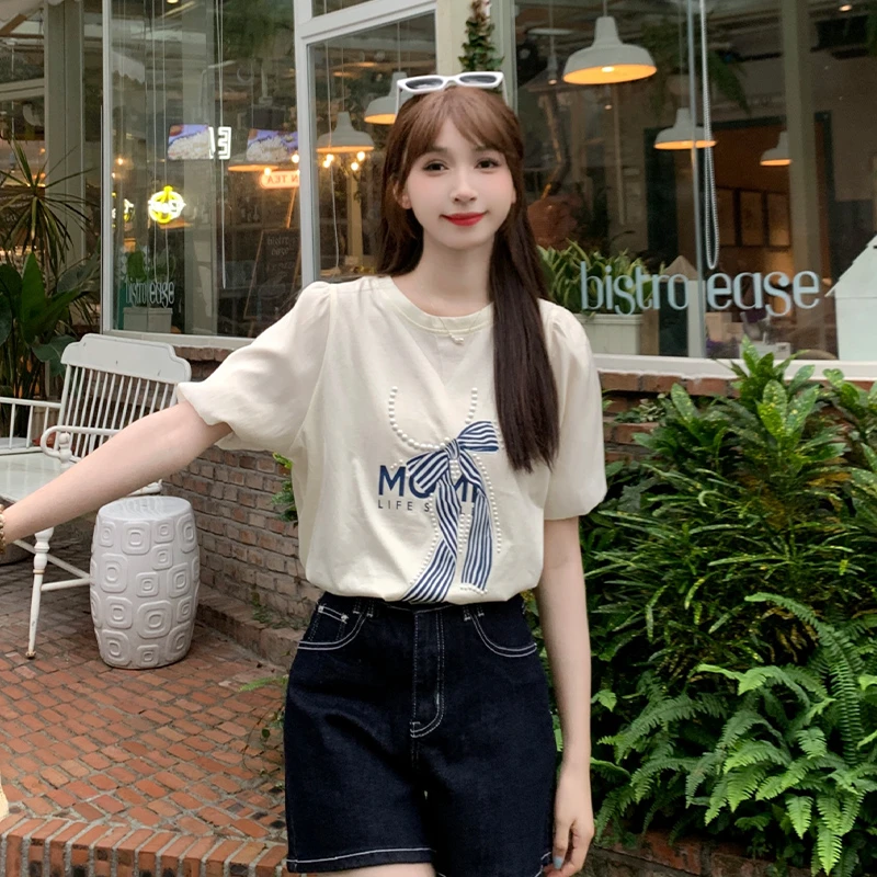 慕兔韩版小个子宽松蝴蝶结T恤女2024夏季新款百搭显瘦设计感上衣