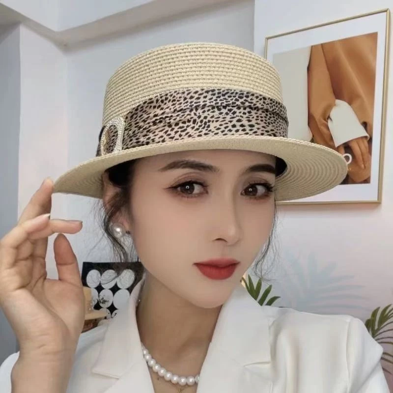 新款度假豹纹平顶草帽女士夏天草帽时尚海边英伦沙滩出游防晒帽子