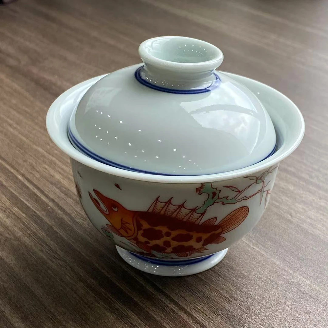 LQT2018[学茶严选]立勤堂红绿彩桃花鳜鱼盖碗陶瓷