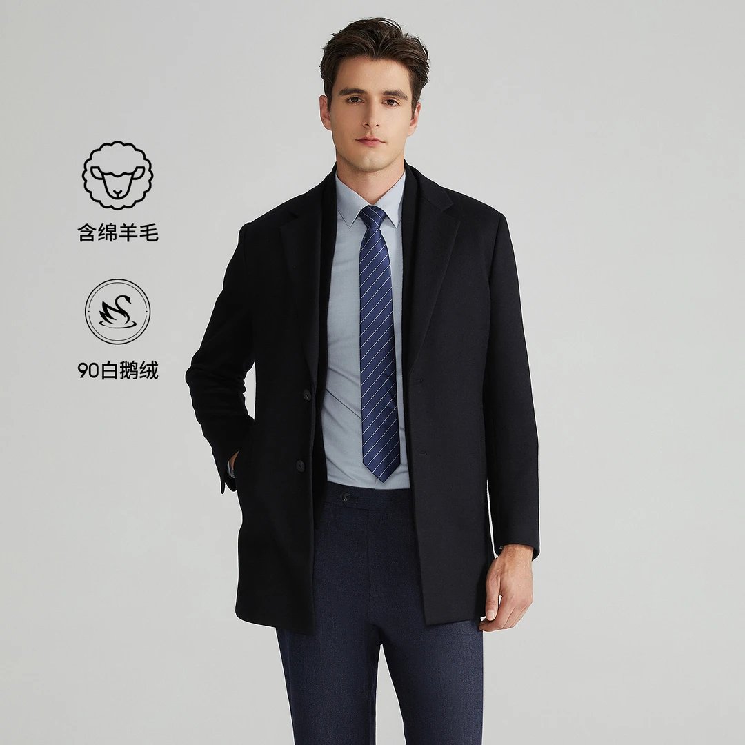 Satchi沙驰冬季新款男士绵羊毛毛呢大衣可拆卸鹅绒内胆单排扣外套