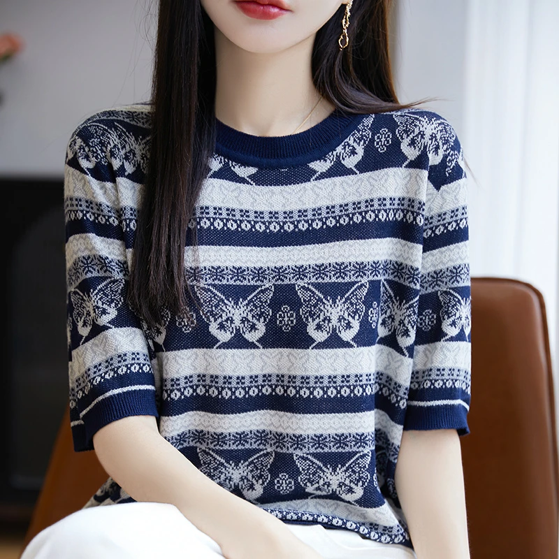 羊范高定款~法式复古蝴蝶印花百搭针织短袖女夏季新款100天丝上衣