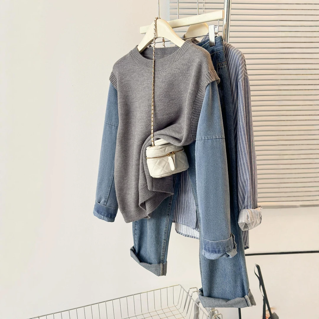 慵懒风休闲毛衣设计感假两件上衣女春欧若风牛仔袖拼接针织衫A958