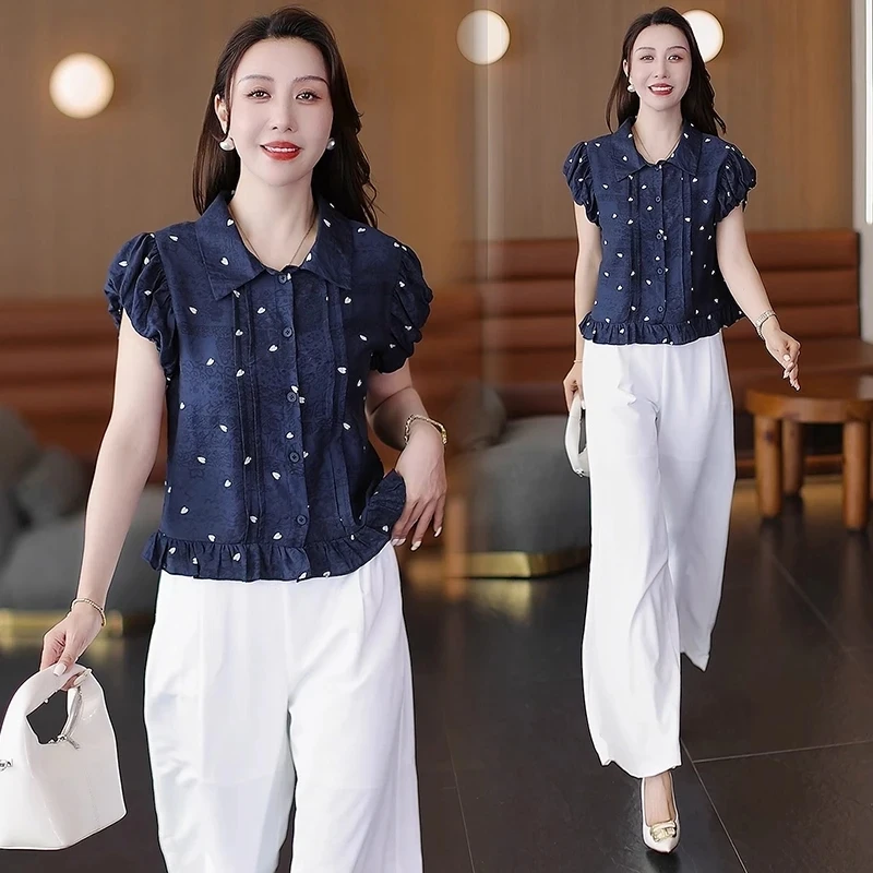 时尚夏季新款洋气印花上衣显瘦阔腿裤气质女套装
