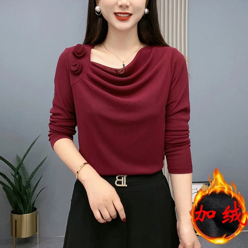 2025春季打底衫气质百搭两朵花妈妈装纯色长袖显瘦时尚堆堆领加绒