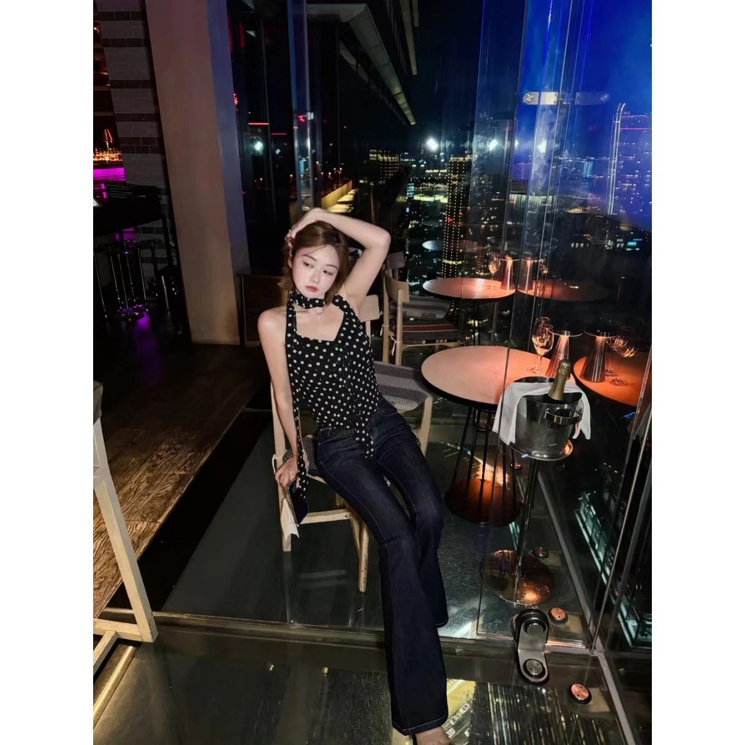 LB240130波点飘带上衣  LK240297 复古撞色切线牛仔裤