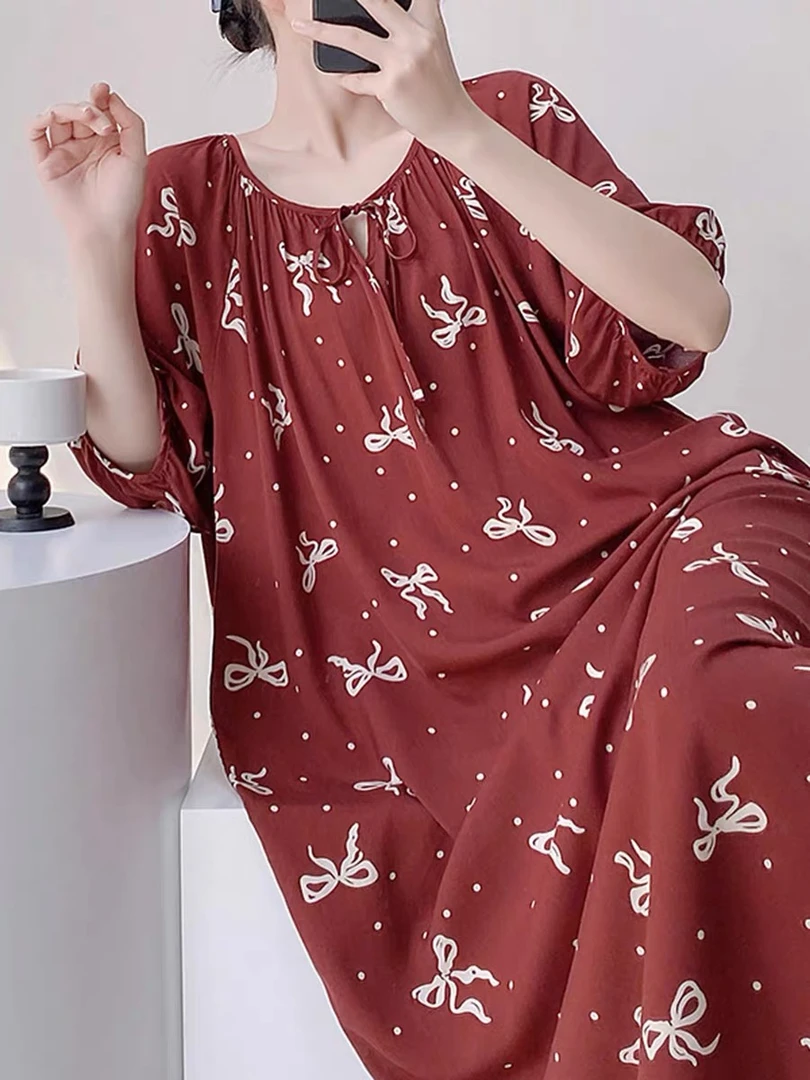 大码棉绸夏季短袖睡衣家居服夏天睡裙中长款女士度假风宽松纯棉