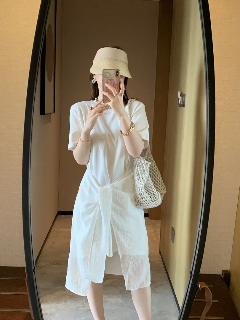 夏季休闲款裙子短袖女法式设计感连衣裙腰带收身气质时尚连衣裙