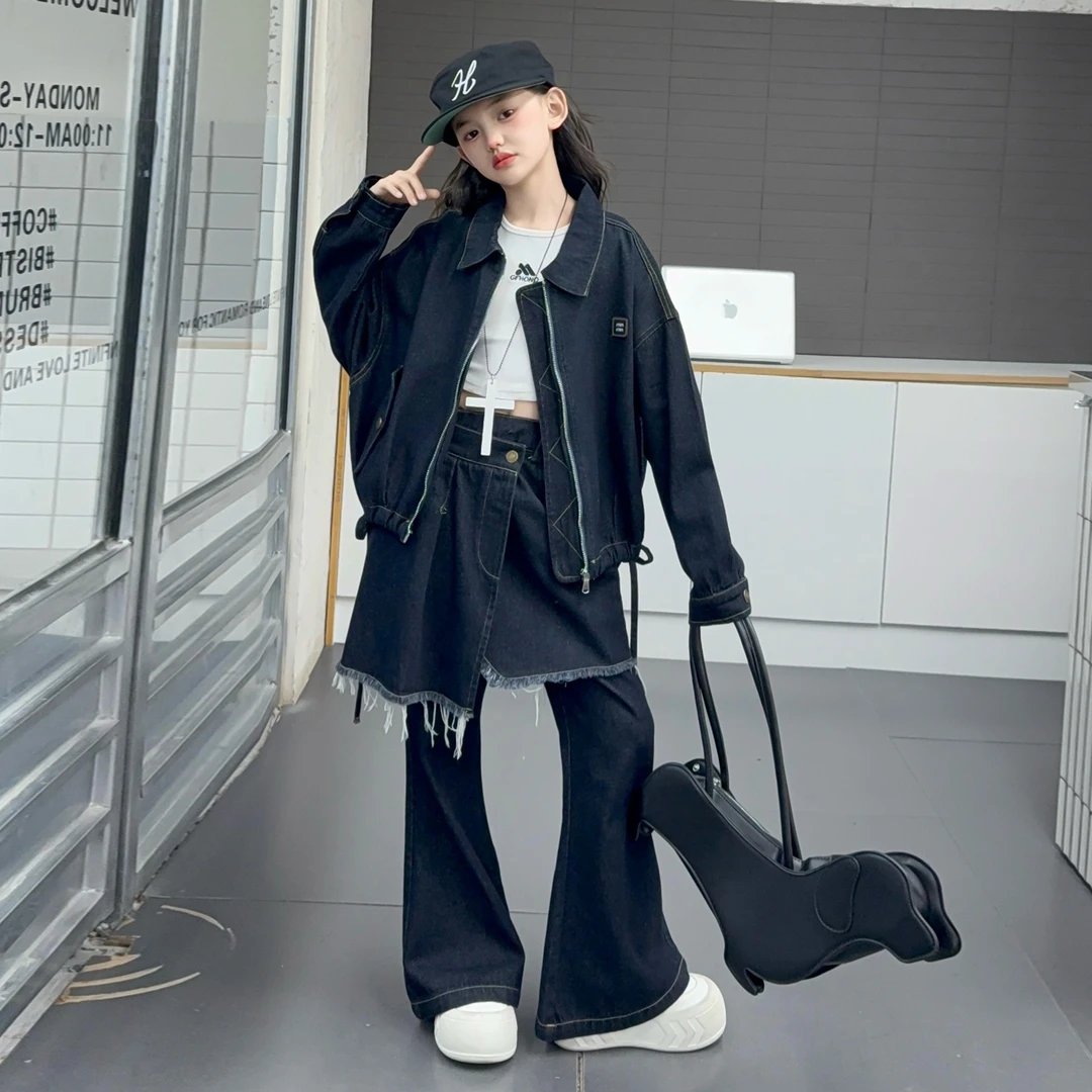 女童牛仔套装2025秋季新款拉链韩版潮酷屁帘套装三件套时尚亲子装