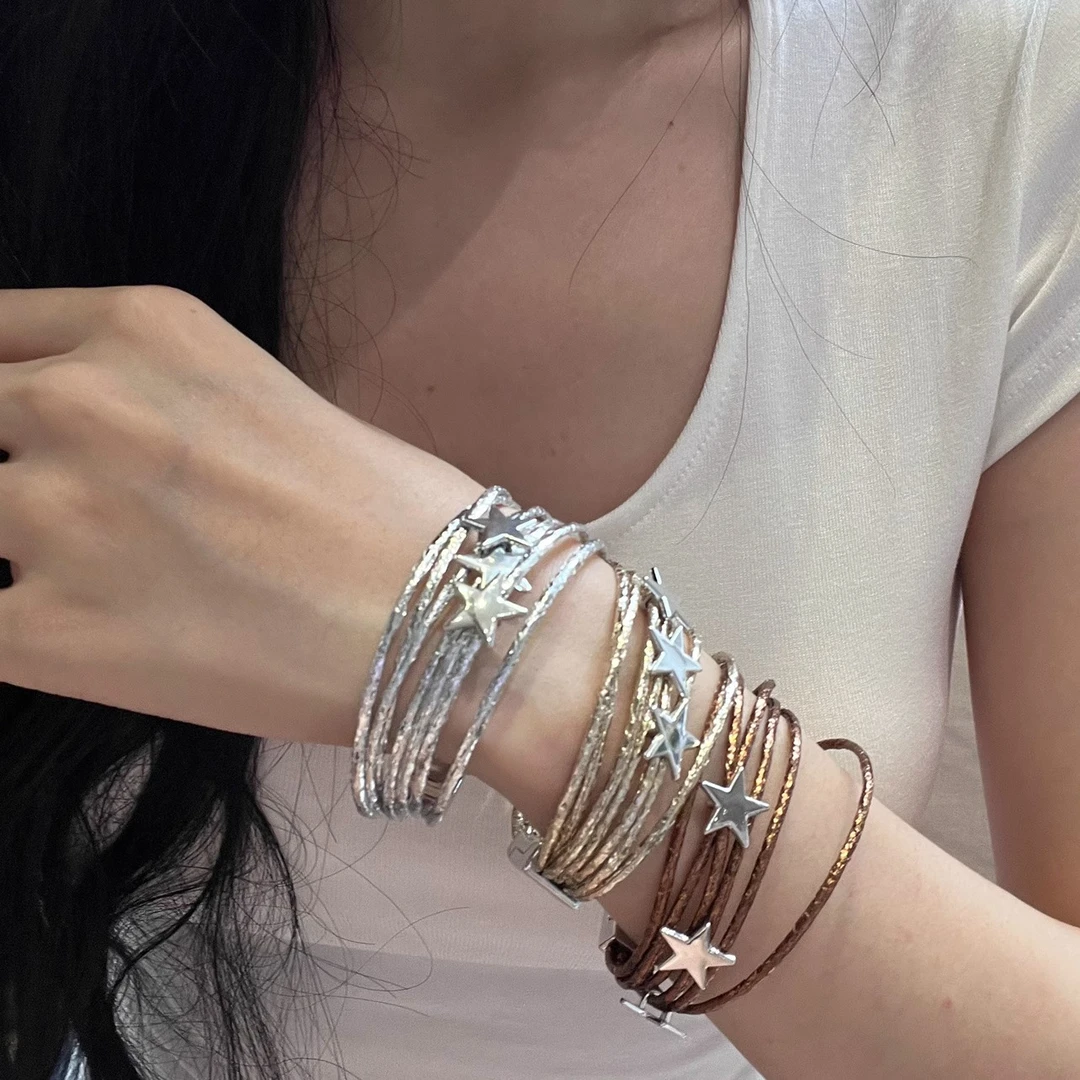 铜合金手链 波西米亚风小众设计PU皮多层手镯甜酷星星磁吸手链女