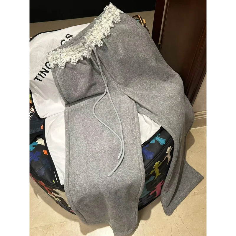 tingtings【花边设计感】灰色加绒阔腿裤女冬季保暖休闲运动裤