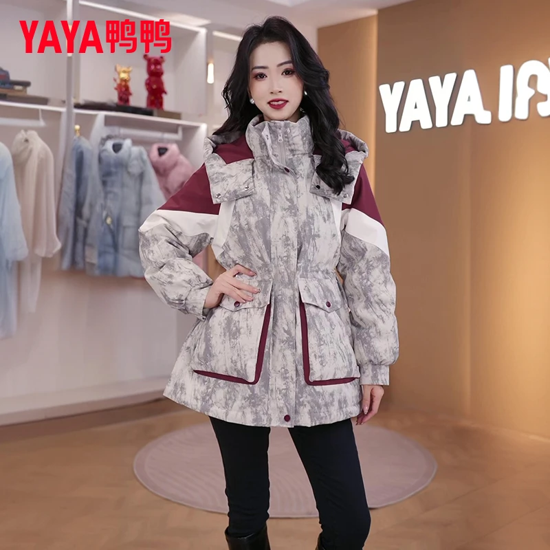 YAYA/鸭鸭羽绒服女24爆款秋冬户外百搭中长款休闲大口袋暗纹收腰