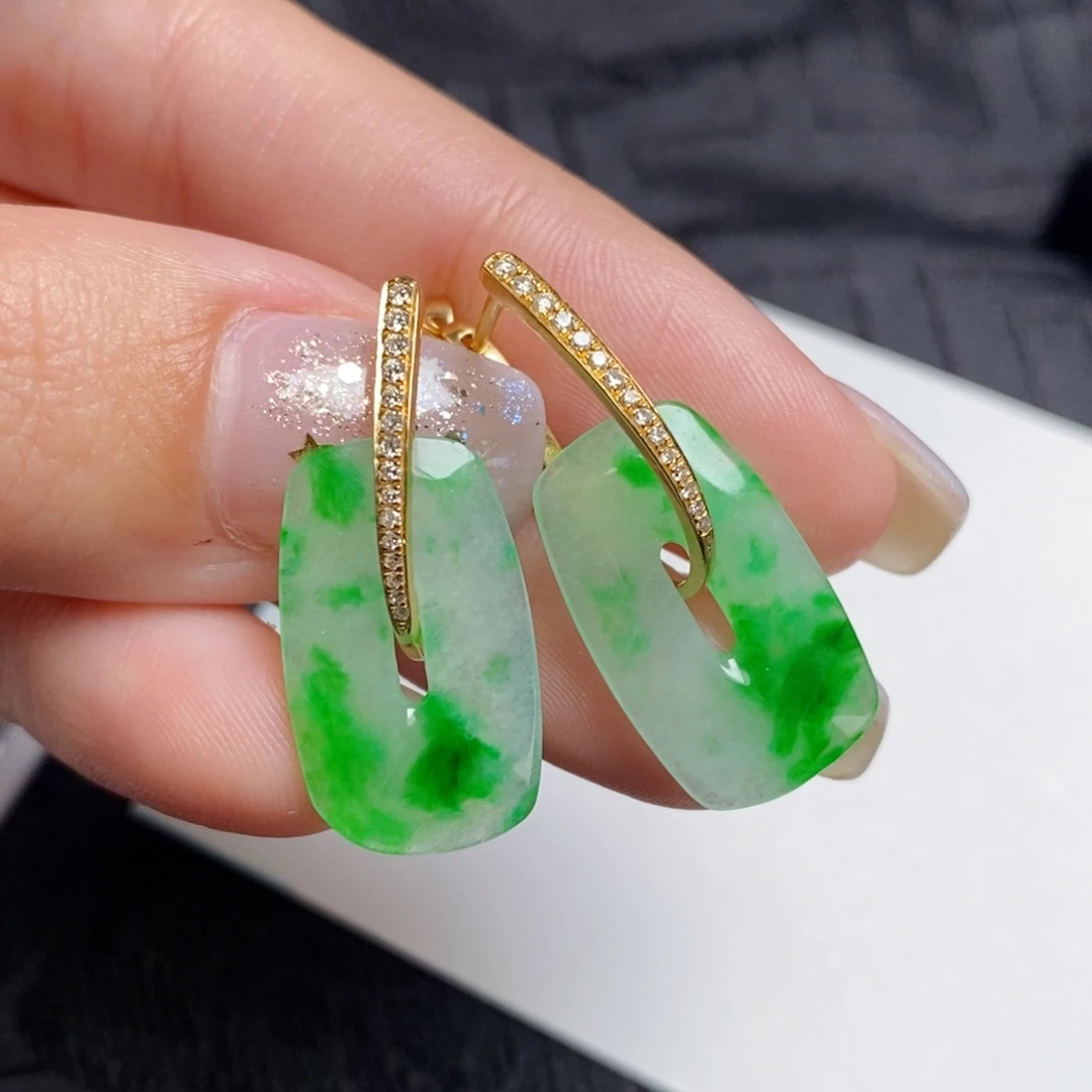 翡翠18K金镶嵌耳饰方糖