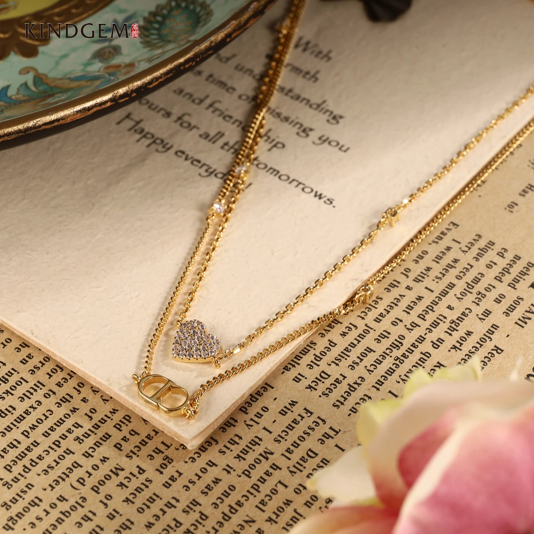 铜合金锆石项链 【Lisa Nik】美·金色爱心镶嵌双层项链 C-29082