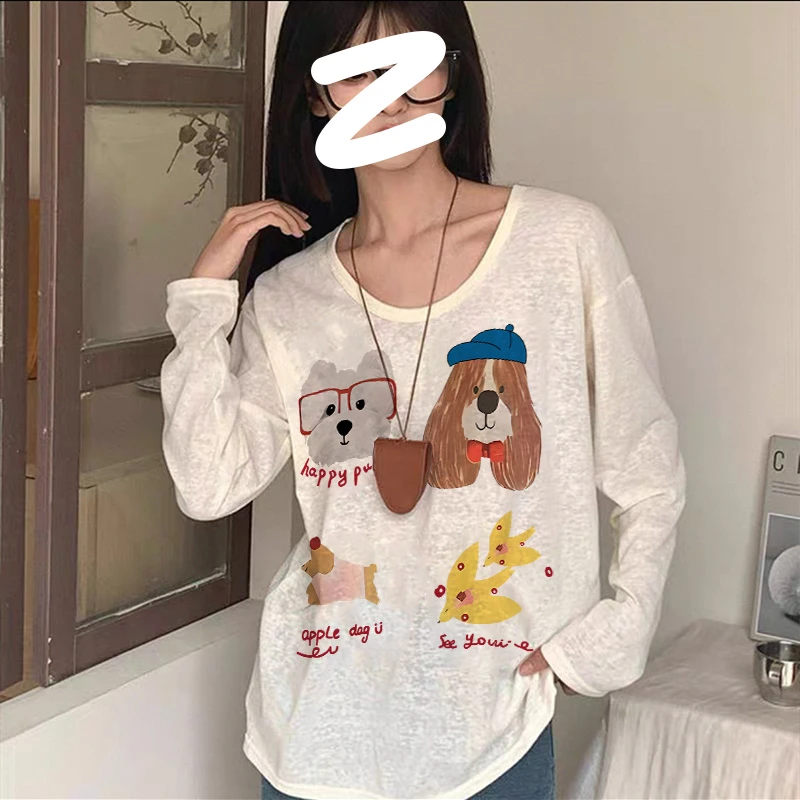A-运补6-8】字母动物印花T恤长袖时尚休闲ins百搭学院风圆领