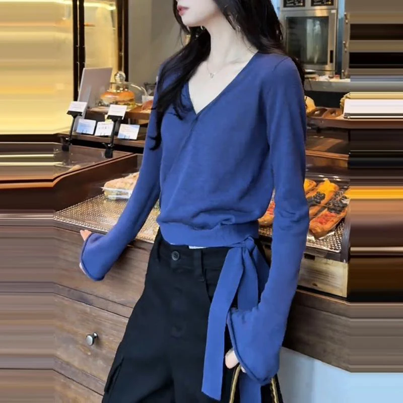 韩里韩气轻熟小众不撞款上衣春秋新款高级感蓝色系带修身针织衫女