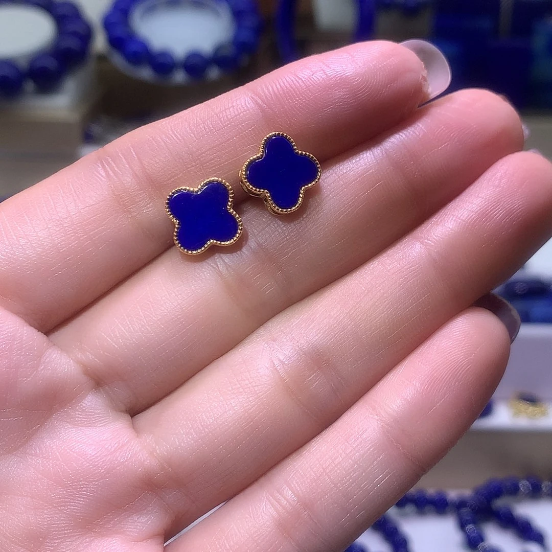 青金石银S925镶嵌天然原矿耳钉