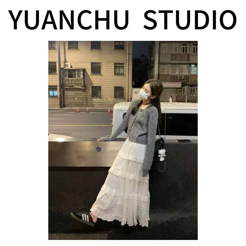 【YC】25月光少女刺绣蕾丝蛋糕裙半身裙春秋温柔风高腰显瘦a字长裙