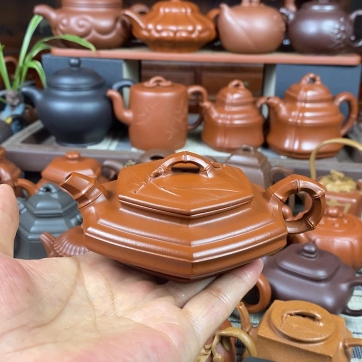 紫砂茶壶六方扁竹150cc原矿赵庄朱泥特价