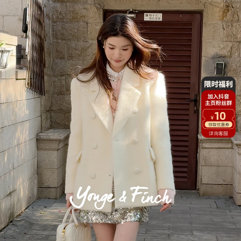 Yonge&Finch/扬芬缇2025秋季毛呢大衣白色夹棉西装呢子外套JAQUEY