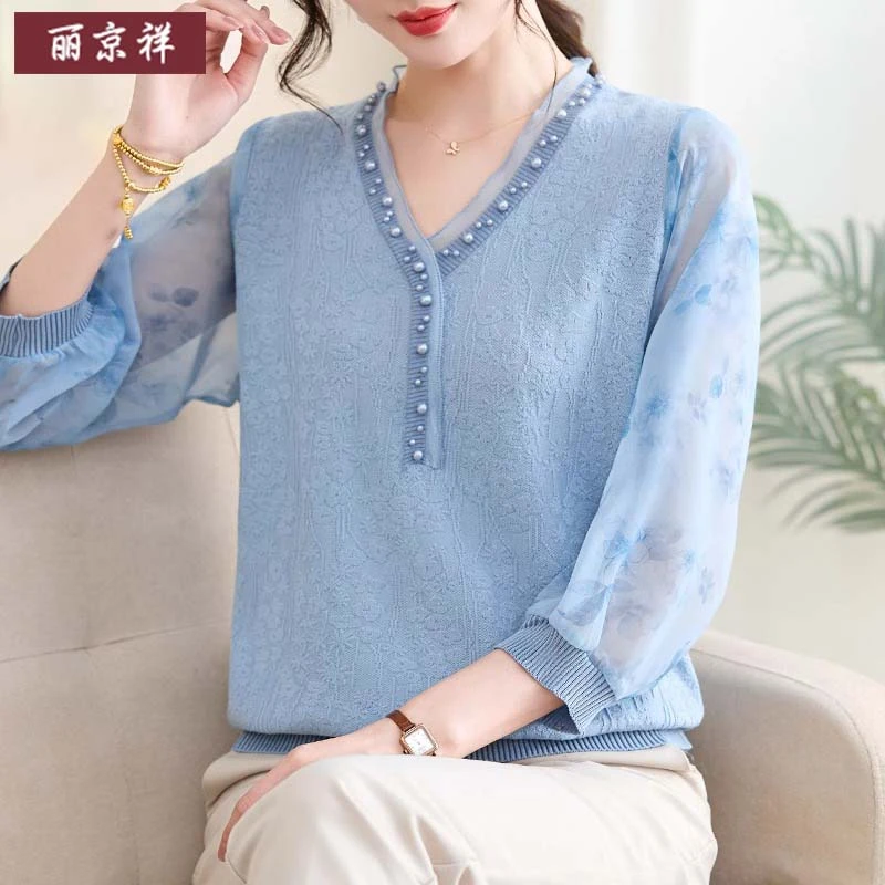 妈妈装2025新款春夏纱袖打底衫中老年女士洋气针织小衫七分袖T恤