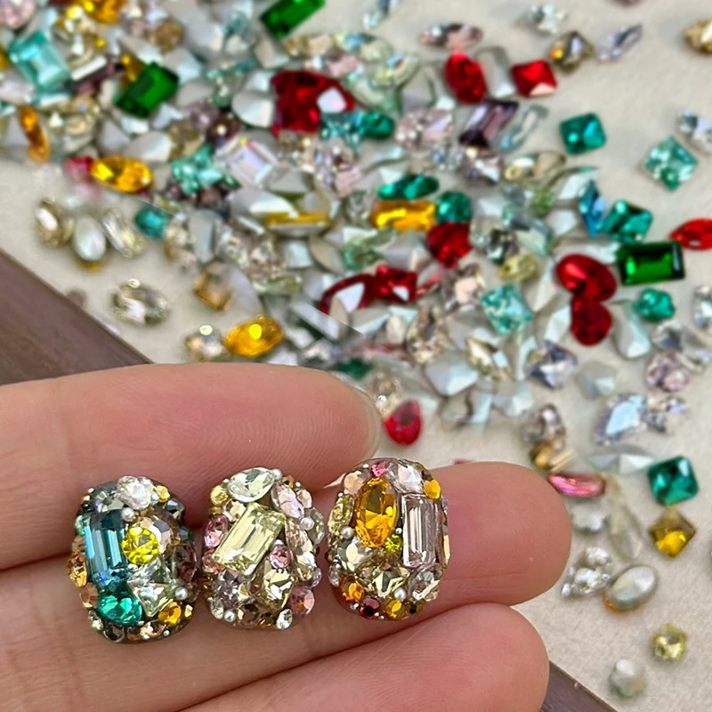 100颗宝石盒子满钻美甲中古彩色尖底2025新年饰品超闪异形裸红绿