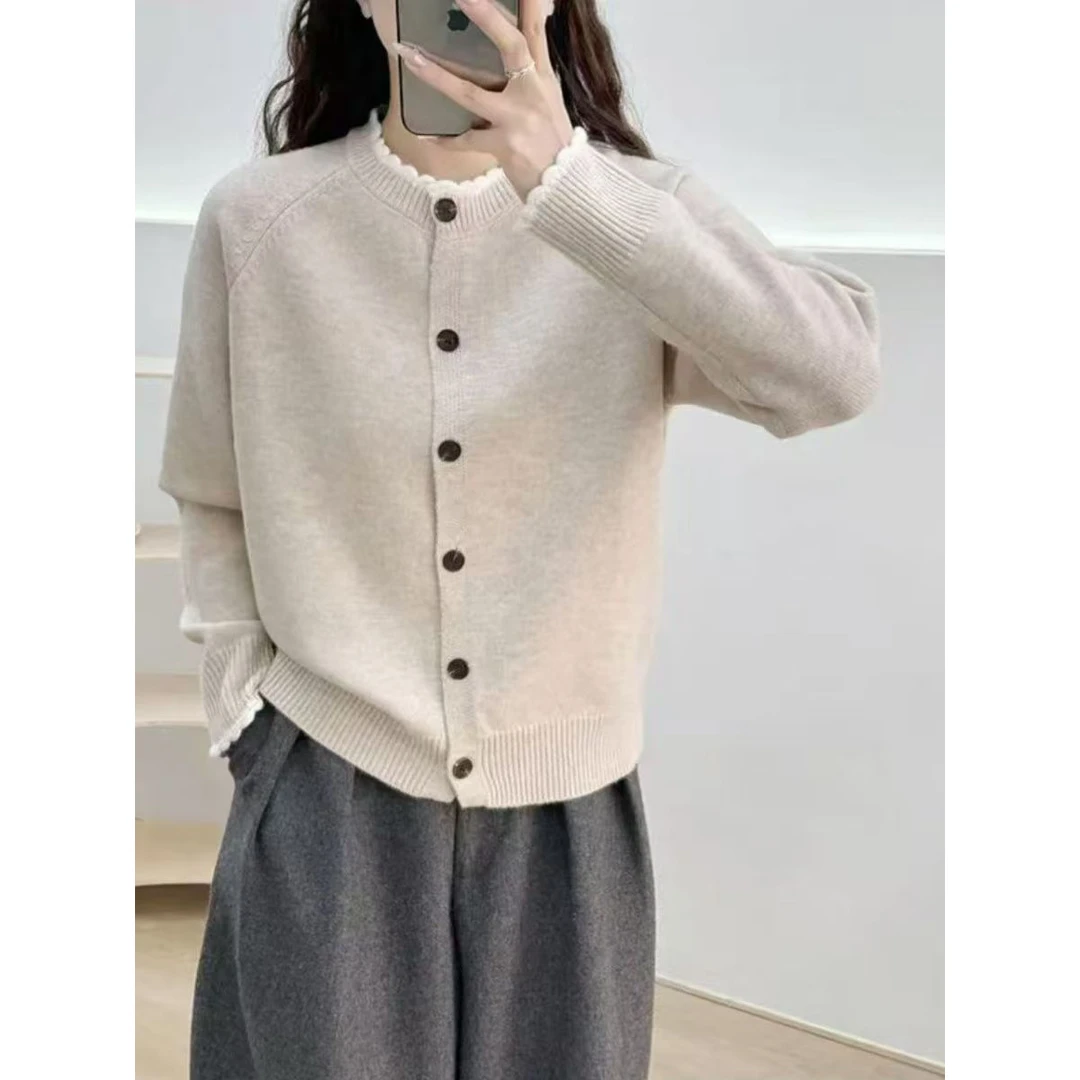 羊绒花边圆领外穿外套女拼色针织衫宽松新款毛衣时尚减龄上衣甜美