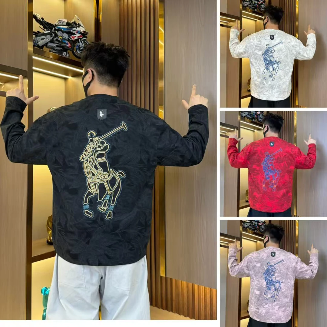 秋季新品男士长袖战马刺绣工艺潮牌百搭时尚高级宽松版型T恤上衣