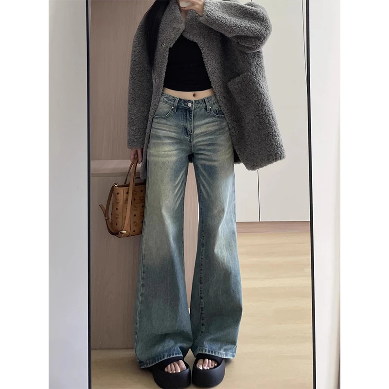 美式复古水洗做旧牛仔裤女2025早秋新款显瘦低腰微喇阔腿拖地长裤