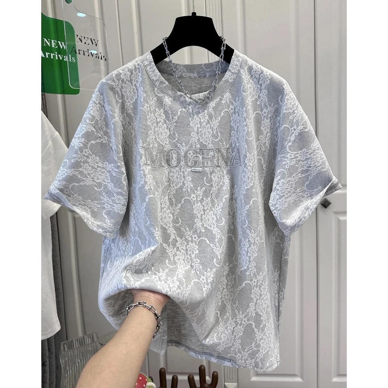 法式圆领拼接蕾丝字母刺绣短袖T恤女上衣绝美宽松时尚2025春夏款