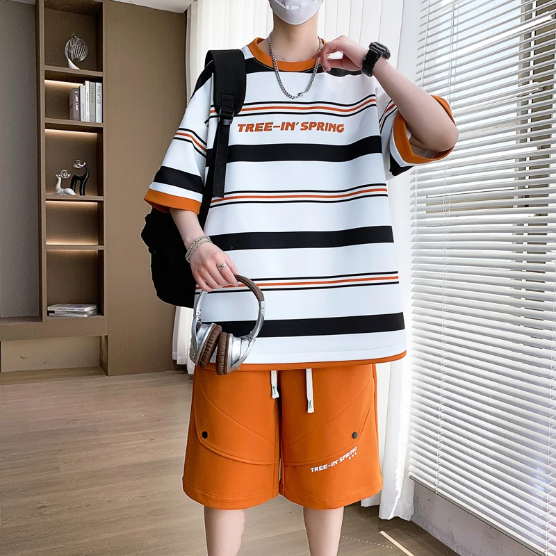 男士短袖t恤潮牌夏季圆领宽松条纹休闲套装青少年学生运动两件套