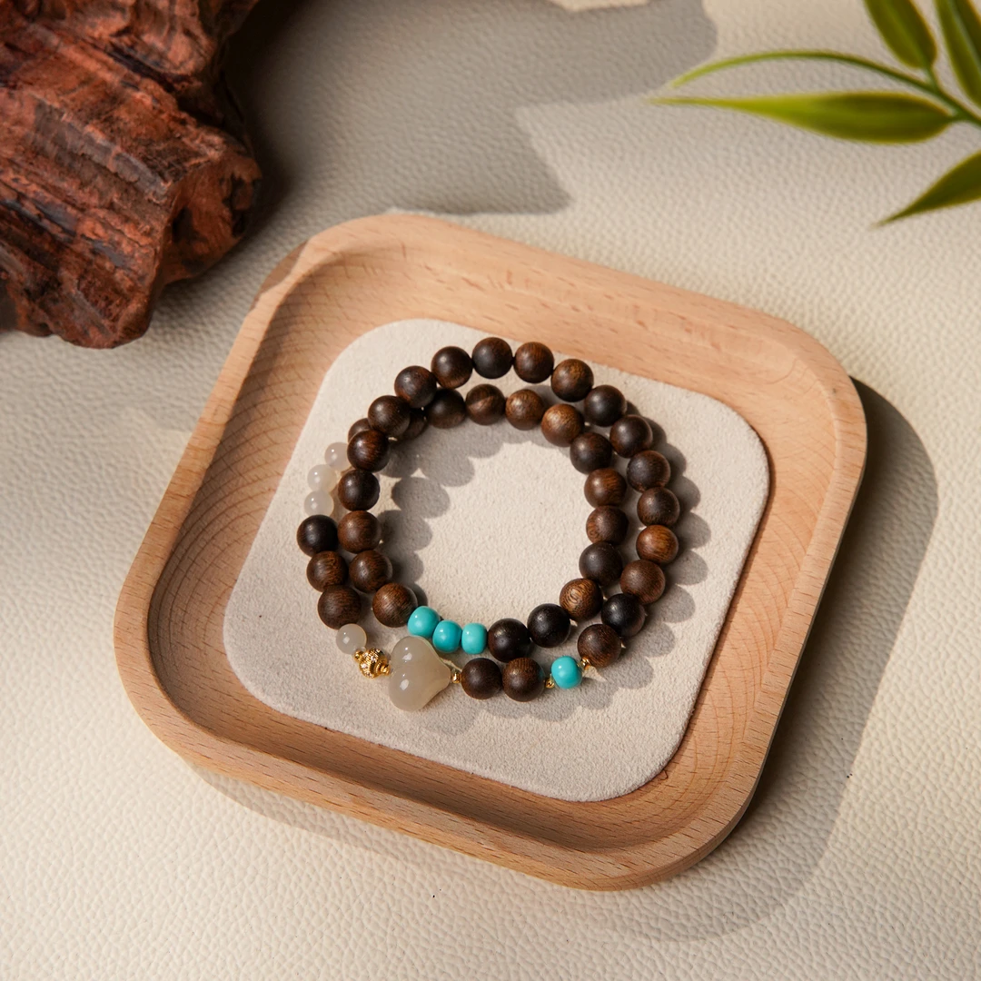 沉香沉水白奇楠0.8DIY18k和田玉藕粉屁桃沉香手串双圈/CX00971