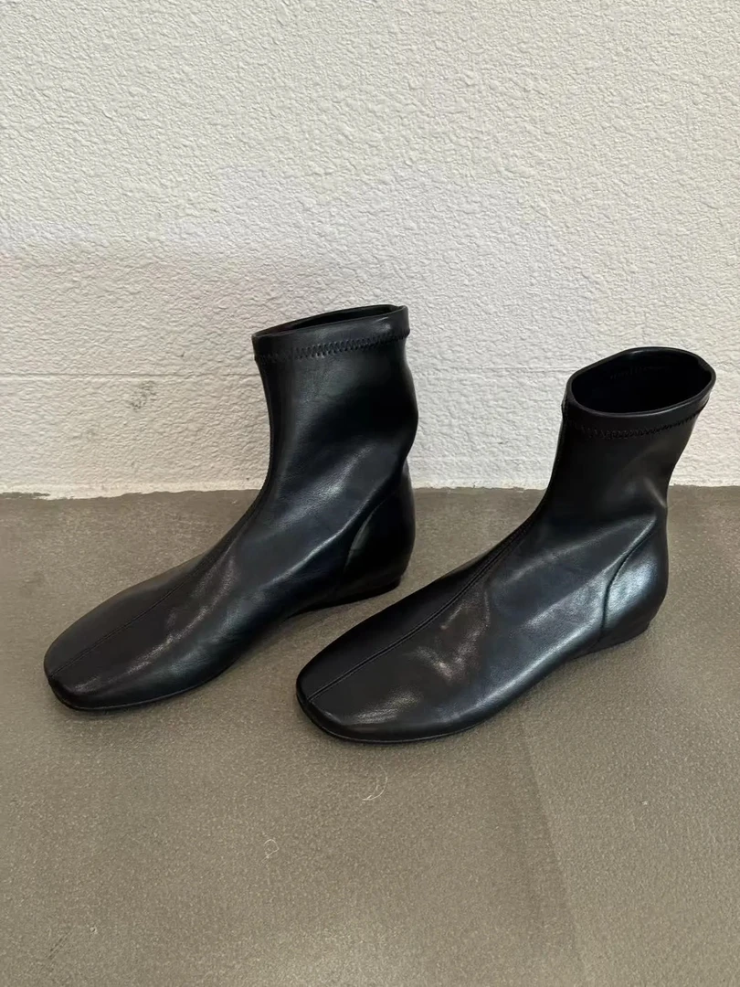 牛皮版~秋冬新款圆头短筒弹力瘦瘦靴子时尚气质内增高套筒短靴女