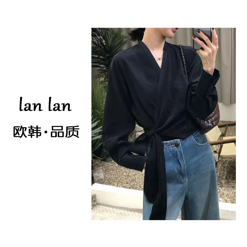 lanlan-秋上新【V领绑带衬衣】高货韩版极简气质绑带衬衣设计款
