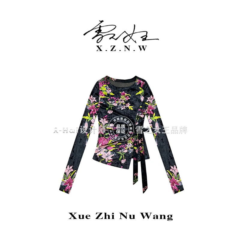 A Hai【绒境花靡】秋季新款法式高级感碎花丝绒绑带T恤女显瘦小衫