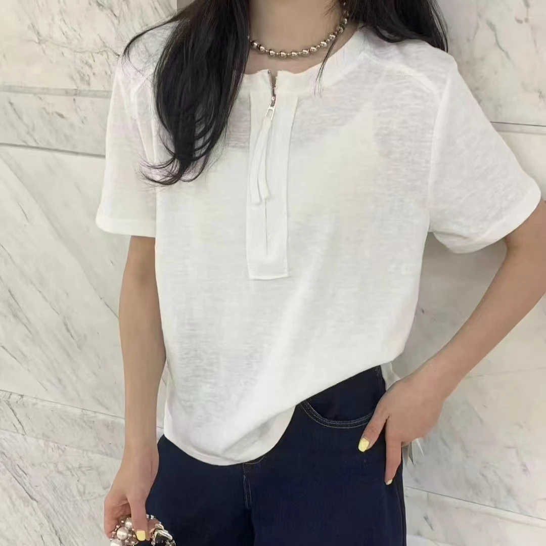 半拉链短袖拼接免烫轻薄透气上衣宽松休闲下摆开叉打底衫圆领上衣