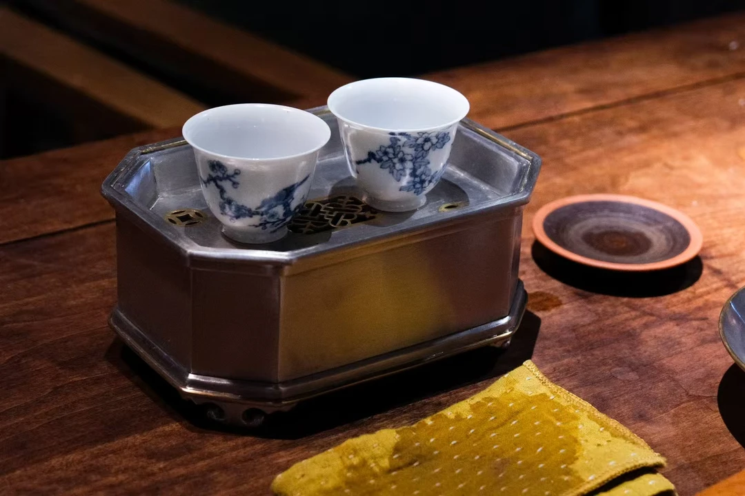 【云山茶语】纯锡银头锡长方六角锡盘纯手工点铜长16.5宽11.8高7.7