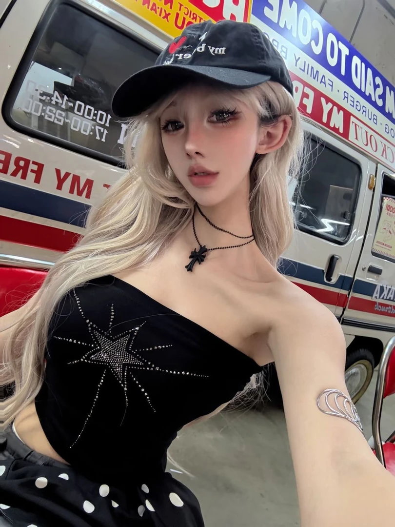 夏季新款美式复古辣妹烫钻星星黑色抹胸吊带女修身百搭短款上衣潮