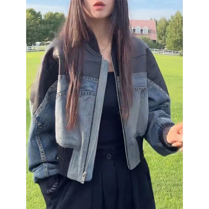 欧货PU皮拼接牛仔外套女春秋气质超好看独特漂亮短款工装夹克上衣