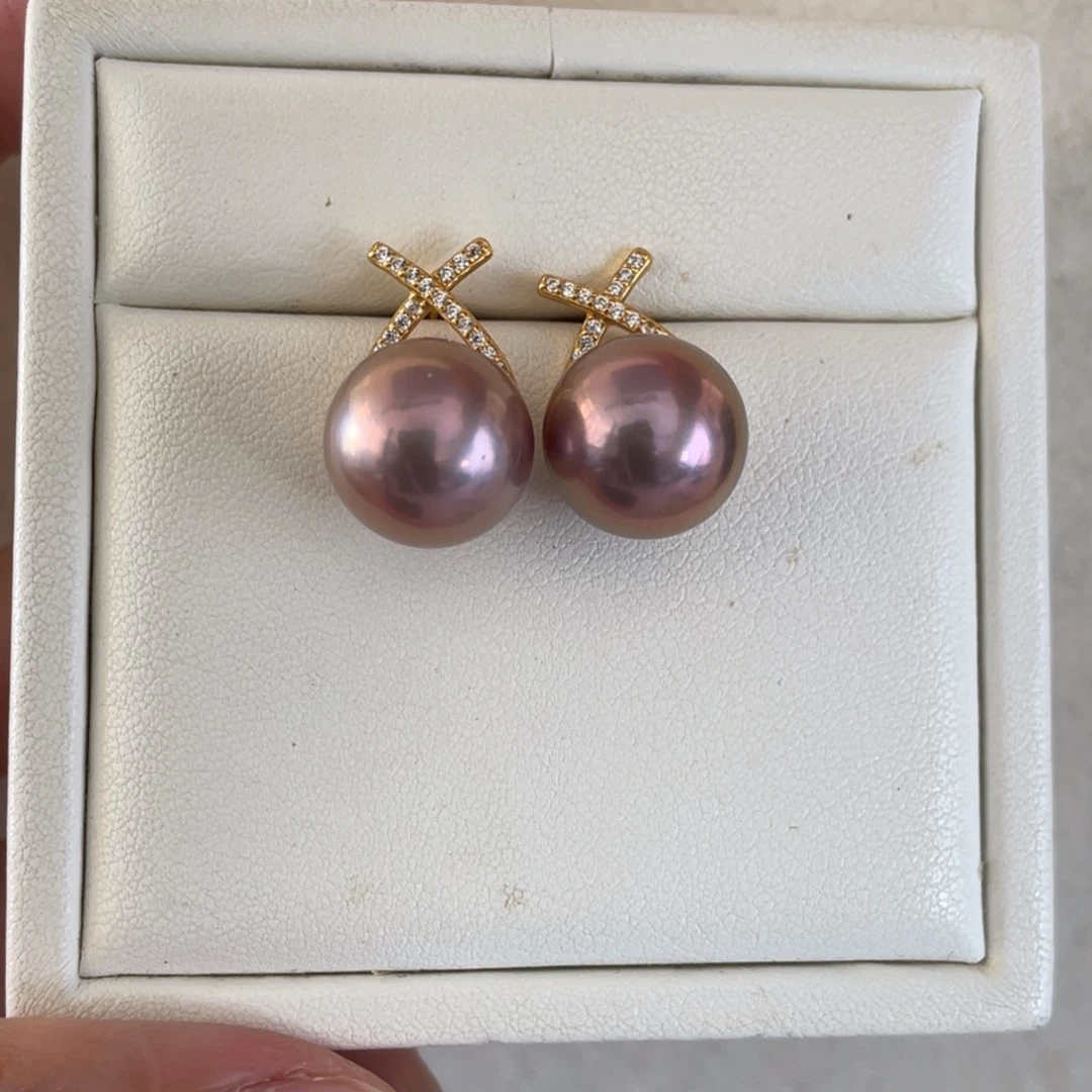 银S925镶嵌耳饰淡水珍珠12-13mm