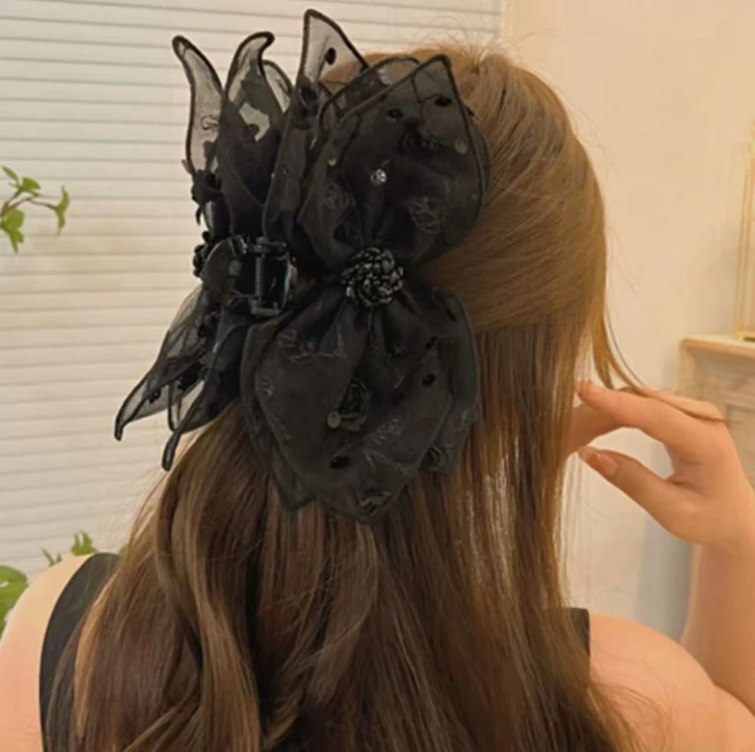 重工玫瑰蝴蝶结抓夹大号鲨鱼夹发夹女后脑勺盘发发抓头饰蕾丝气质