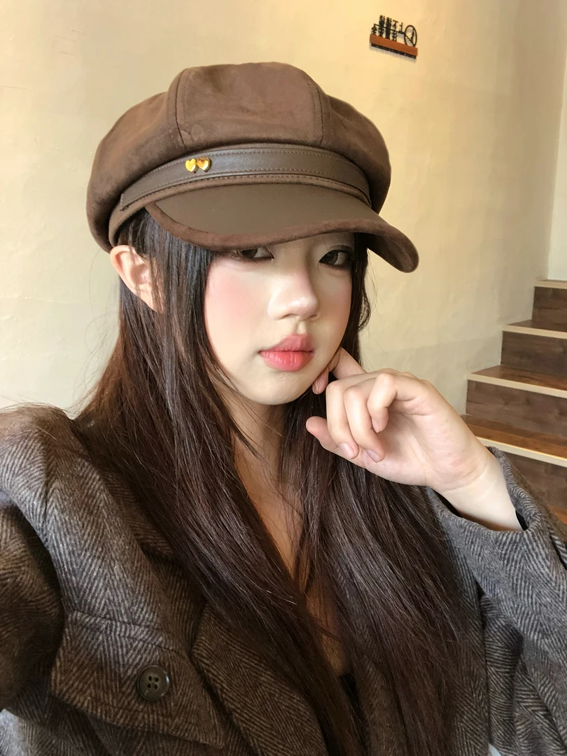 复古美拉德棕色大头围贝雷帽女秋冬新款小众八角帽报童帽画家帽子