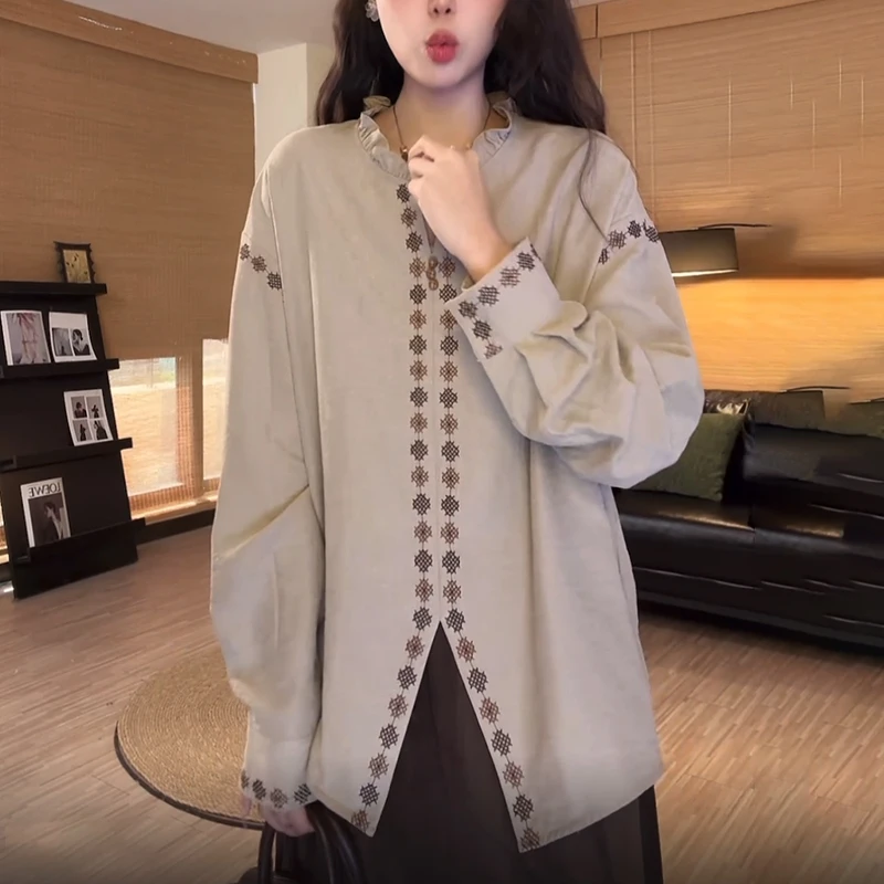 2025秋季新款女法式长袖衬衫高级感洋气减龄显瘦木耳边立领上衣