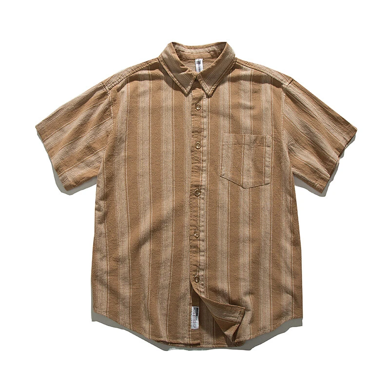 2408夏季港风复古条纹简约薄款翻领短袖衬衫