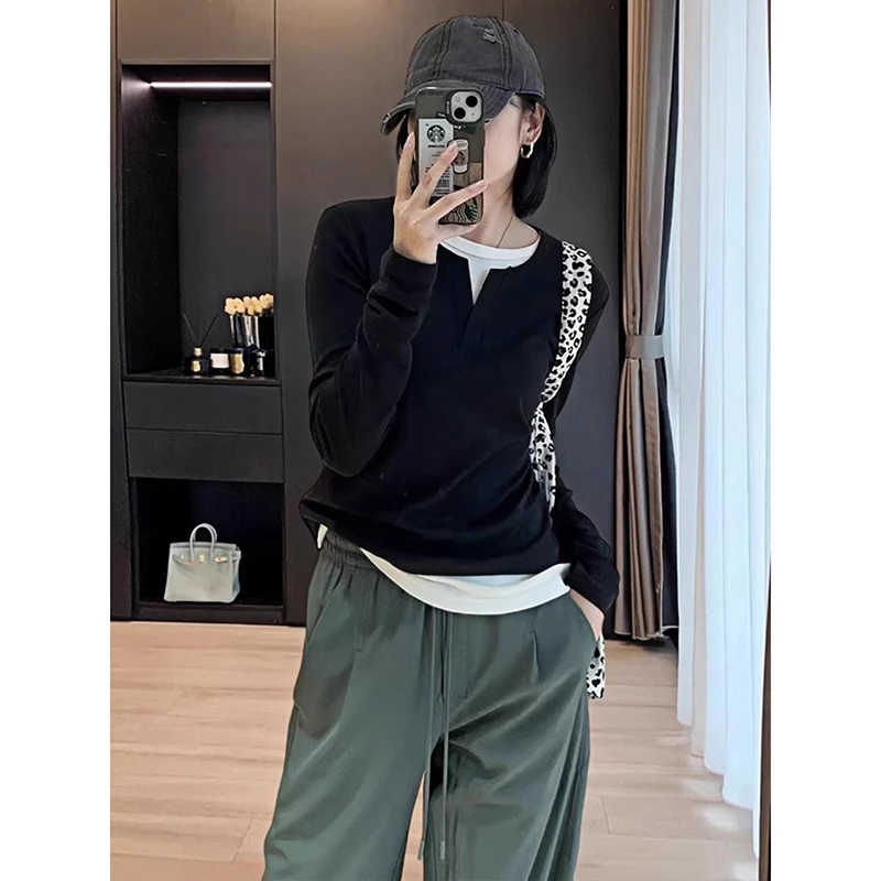 Basic House/百家好假两件灰色针织衫女2025早秋新款长袖内搭上衣