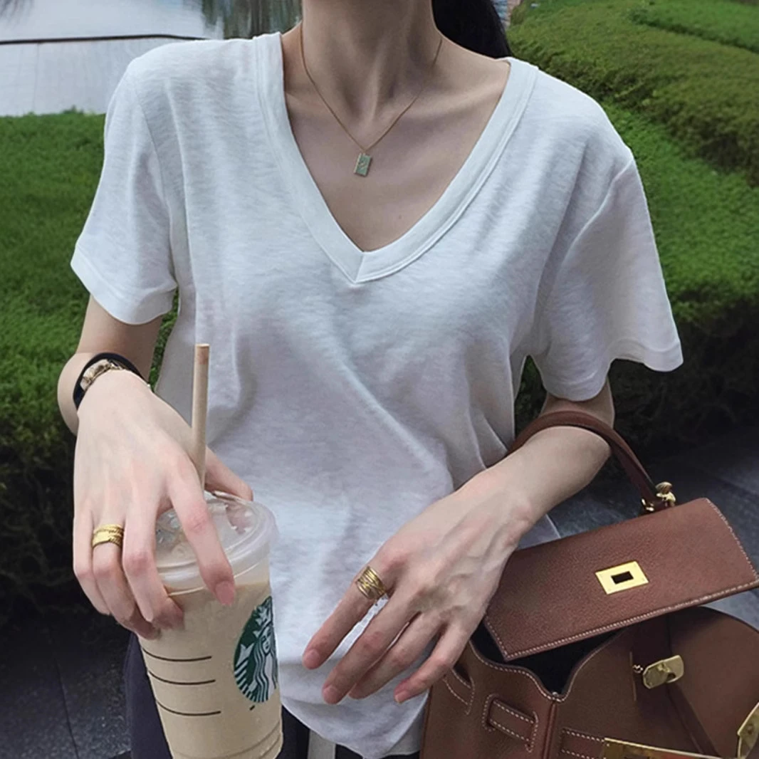 白色竹节棉正肩短袖t恤女夏季百搭冷淡系感短款上衣v领休闲打底衫