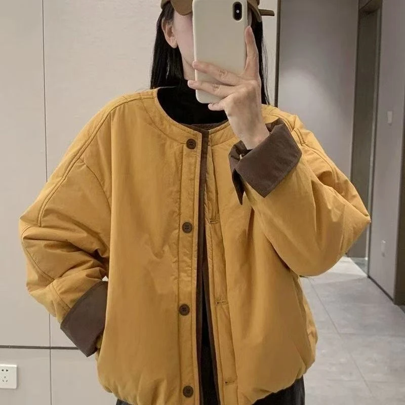 圆领厚款拼接常规款短款棉服棉衣百搭立领女装加厚休闲韩版秋冬z