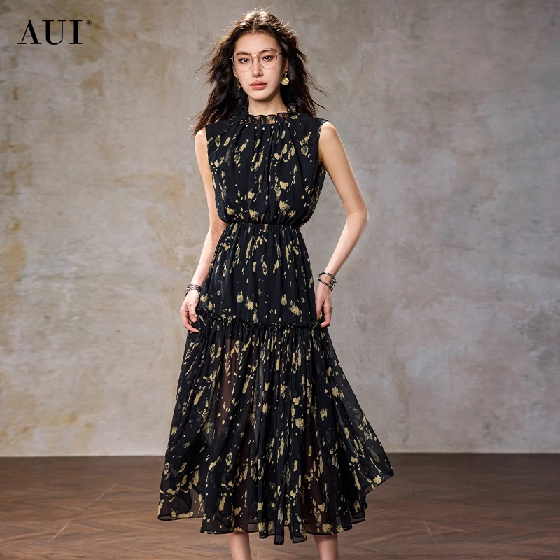 《李易行》AUI黑色无袖印花雪纺连衣裙设计感小众长裙-25X019514